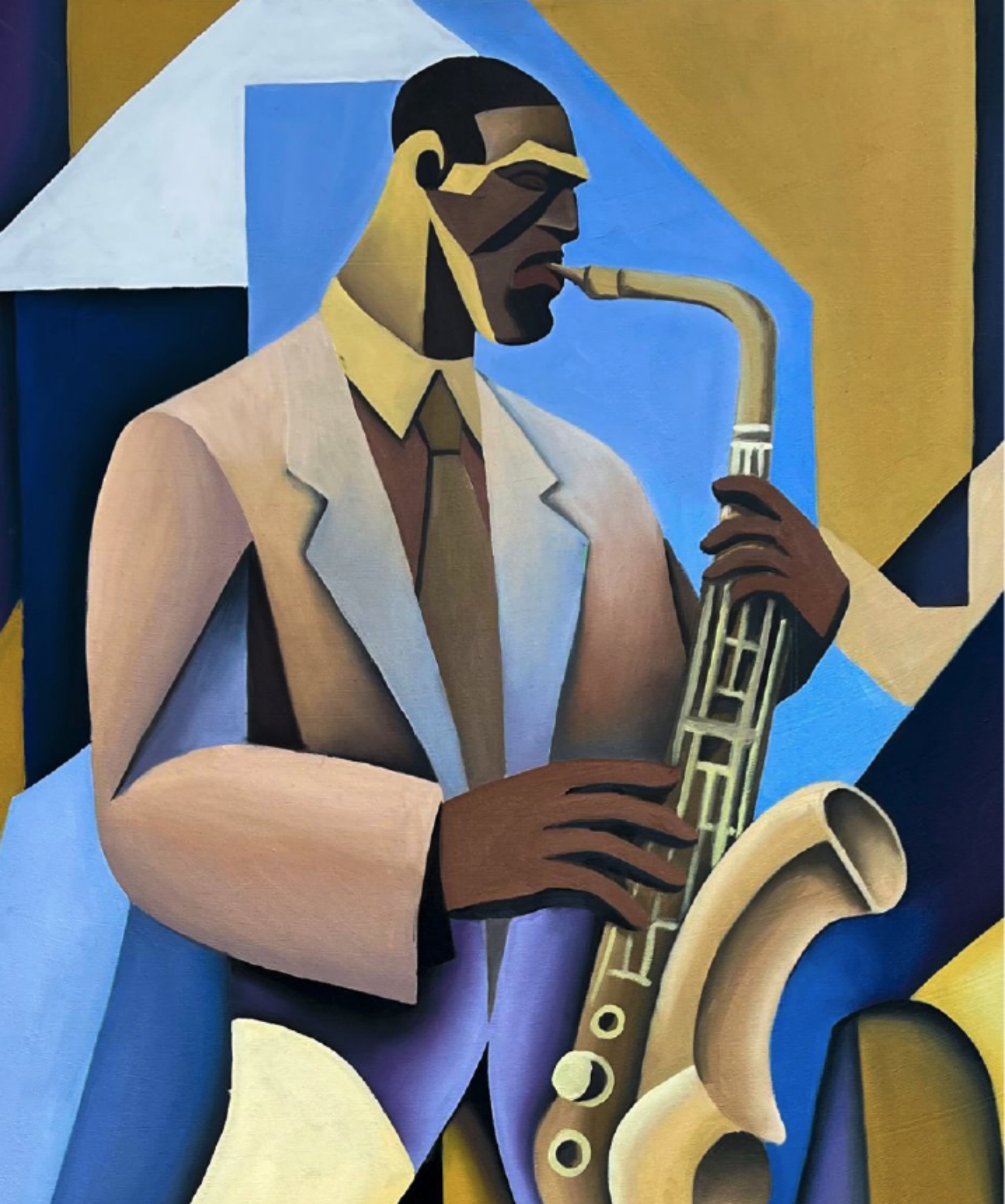 Oil painting of a Black man in a white suit and tie playing a saxophone in front of blue and yellow geometric shapes.