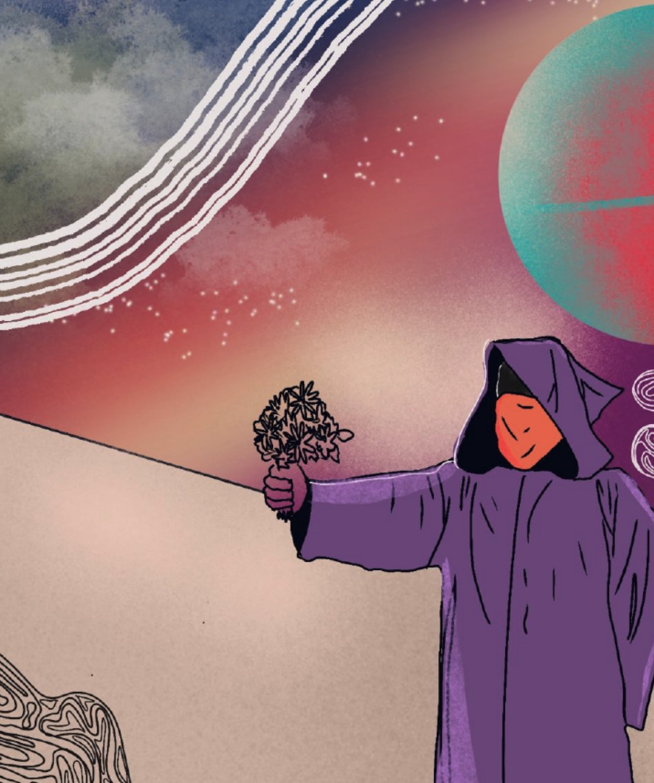 Digital illustration of a man cloaked in purple, standing under a multi-planet skyscape, extending a hand holding flowers as an offering.