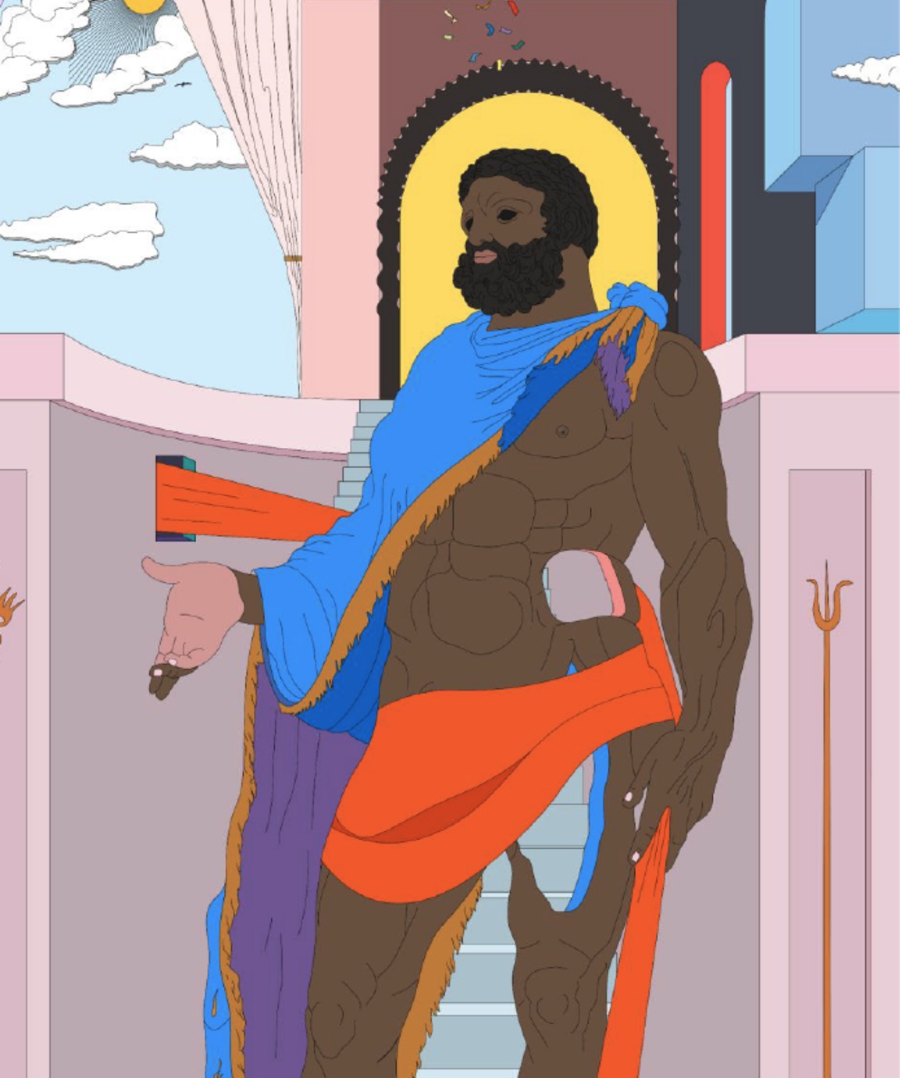 Digital illustration of a Black man wearing a blue and purple mantle draped over the shoulder and an orange cloth around his waist. The cloth is being tugged in different directions. The figure is standing in front of stairs that lead to a door