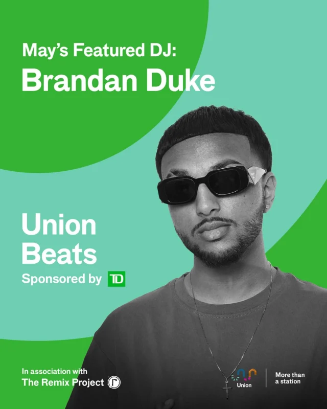 Get ready to dance to the beat of DJ Brandan Duke! May’s Resident DJ, @brandandukethedj, will be lighting up @torontounion’s Food Court and Union Market all month long! Catch some Union Beats today from 11:30am-1:30pm and 3:30pm-6:30pm in Food Court! 🎵🔥

Ready for more? Here’s the lineup for May:
Tues May 6 – Food Court 
Thurs May 15 – Union Market 
Wed May 21 – Union Market 
Thurs May 29 -Food Court 

Sponsored by @TD_Canada, Union Beats is programming in partnership with @theremixproject. Let’s keep the music alive! 🙌🎵

#UnionBeats #TDMusic #TheRemixProject #TorontoDJs #TorontoMusic #TorontoArtists #LocalTalent #TorontoDJ #WhereTorontoIsGoing #UnionStation #TorontoUnion 🎧